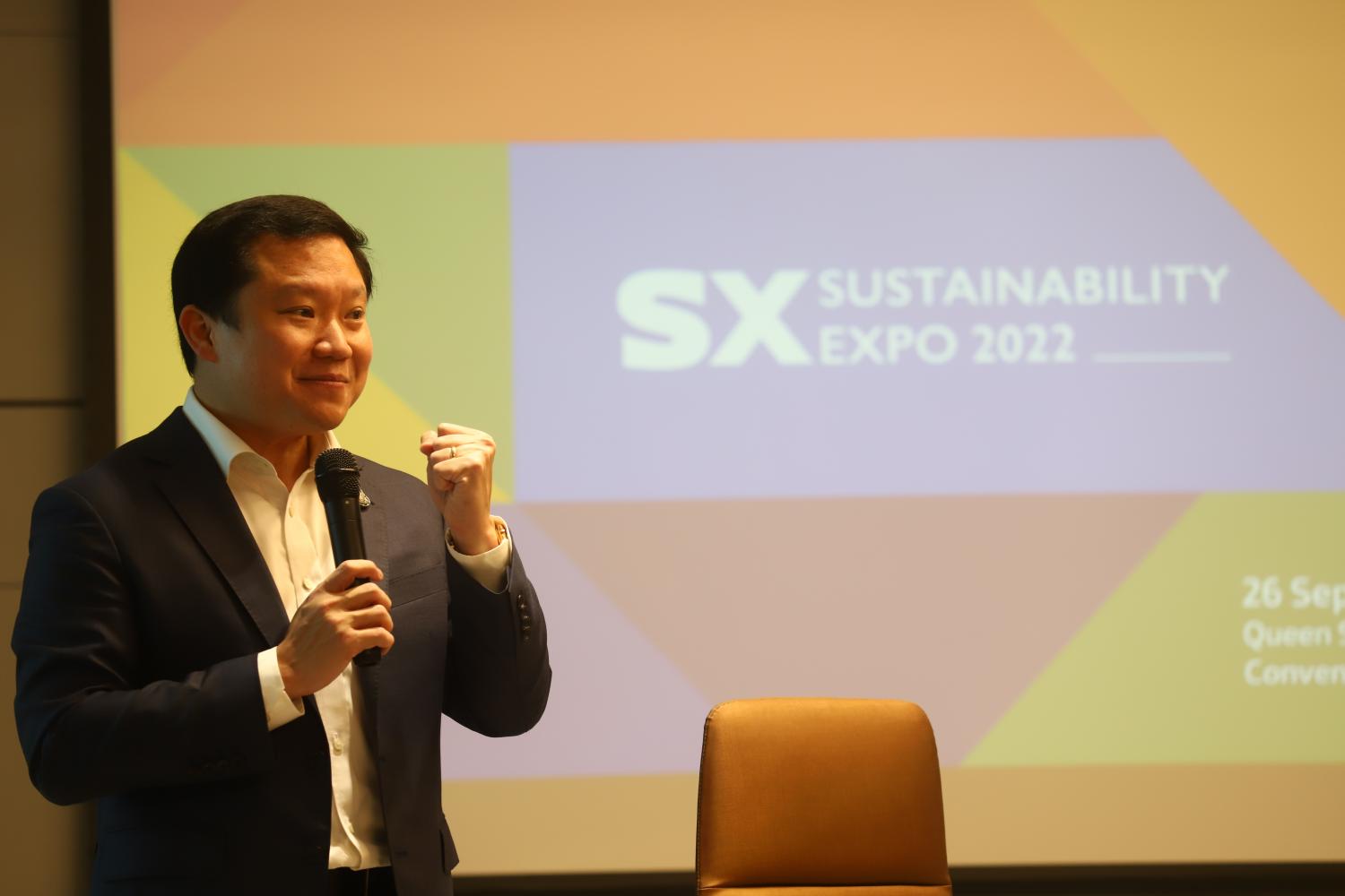 Thapana Sirivadhanabhakdi, President and CEO of Thai Beverage Plc (ThaiBev), one of the key business trading partners responsible for organising 'SX Sustainability Expo 2022', gives more details to the press about this year's expo which will run from Sept 26 to Oct 2.