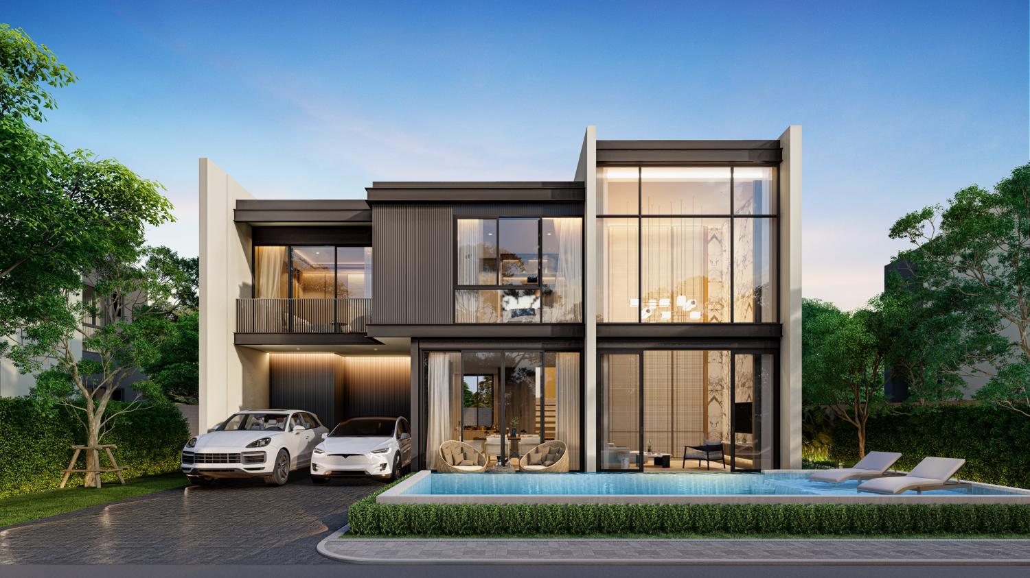 An artist's rendition of a pool villa at Highland Park Pool Villa Pattaya in Huay Yai subdistrict, Chon Buri, with unit prices between 8-15 million baht.