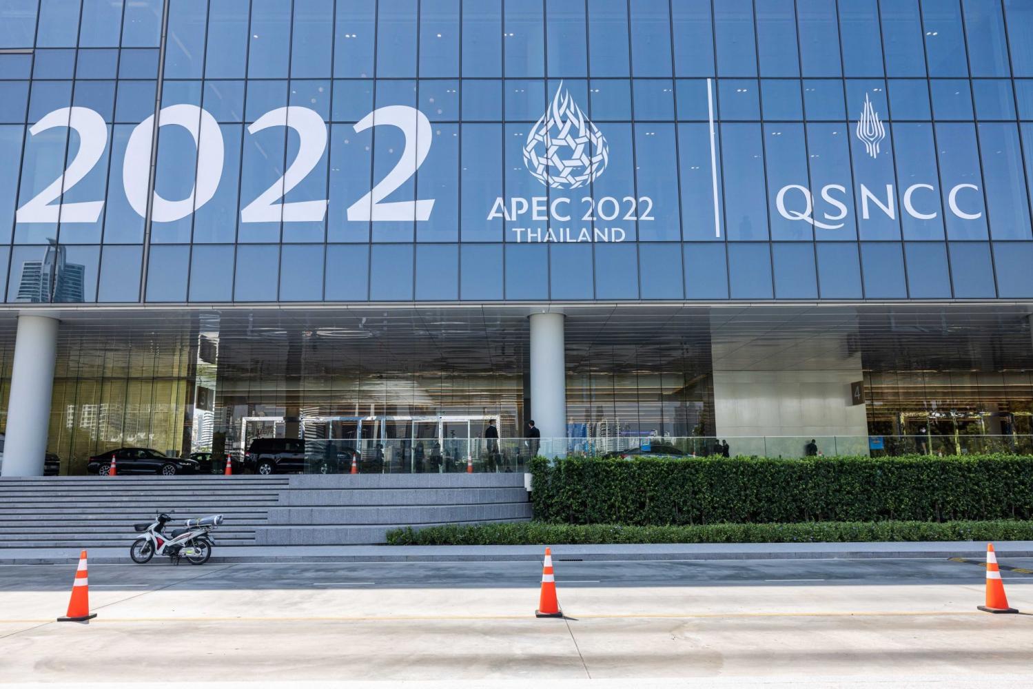 An Asia-Pacific Economic Cooperation 2022 sign on the Queen Sirikit National Convention Center in Bangkok, where the Apec summit is scheduled to be held. Bloomberg