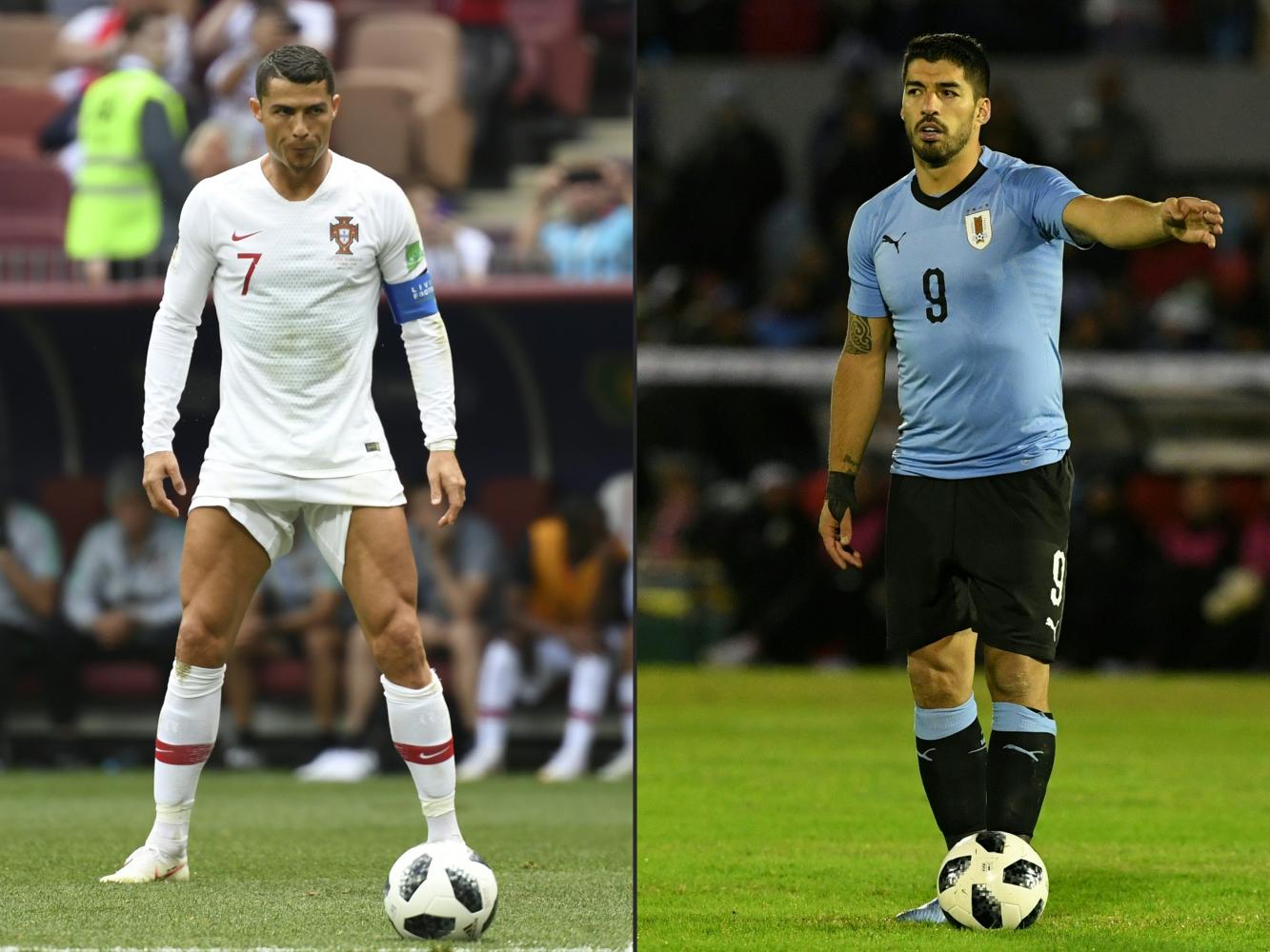 O português Cristiano Ronaldo (esquerda) e o uruguaio Luis Suárez se enfrentarão hoje pela segunda partida do Grupo H.  (Foto AFP)