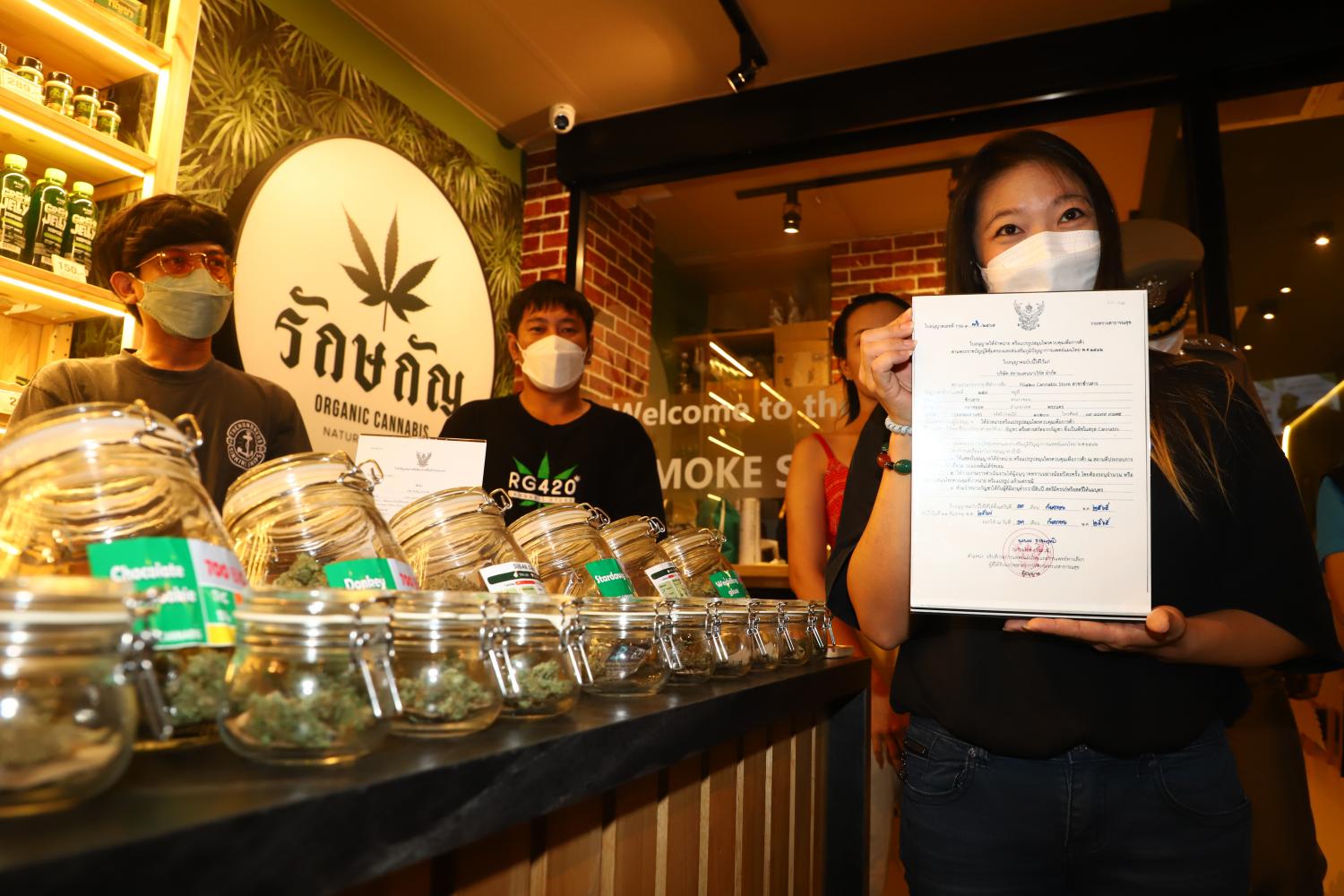 A cannabis seller on Khao San Road on Tuesday shows a licence to lawfully sell cannabis products to officials from the Royal Thai Police, the Department of Thai Traditional and Alternative Medicine, and the Bangkok Metropolitan Administration during their inspection. (Photo: Nutthawat Wicheanbut)