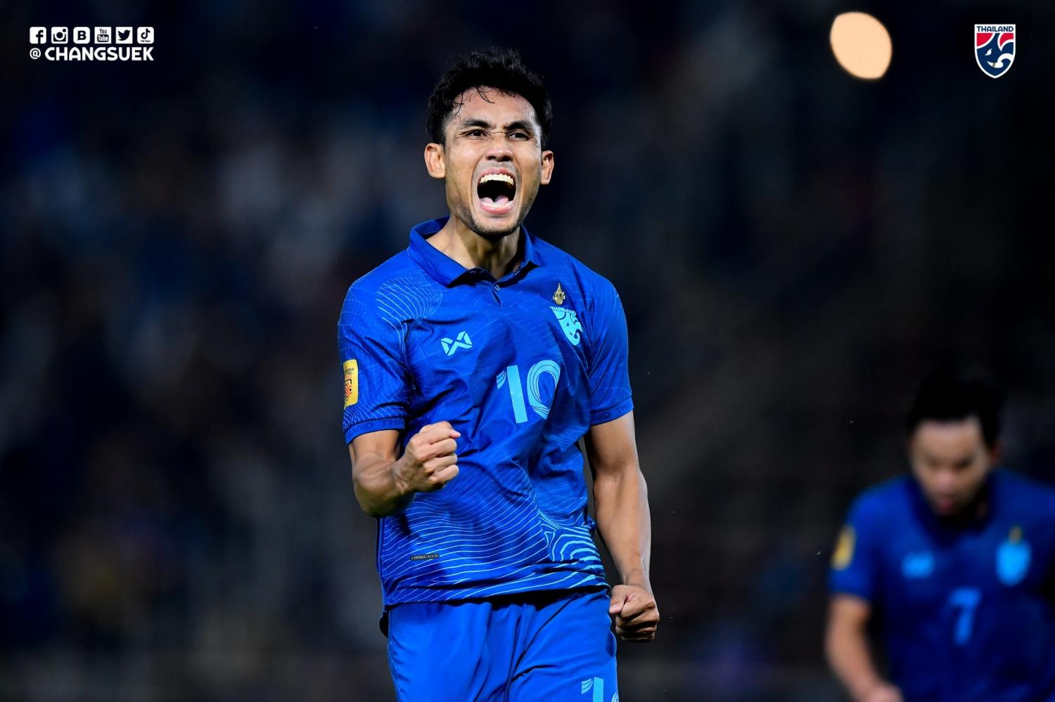 Thailand's Teerasil Dangda reacts after scoring against Cambodia.