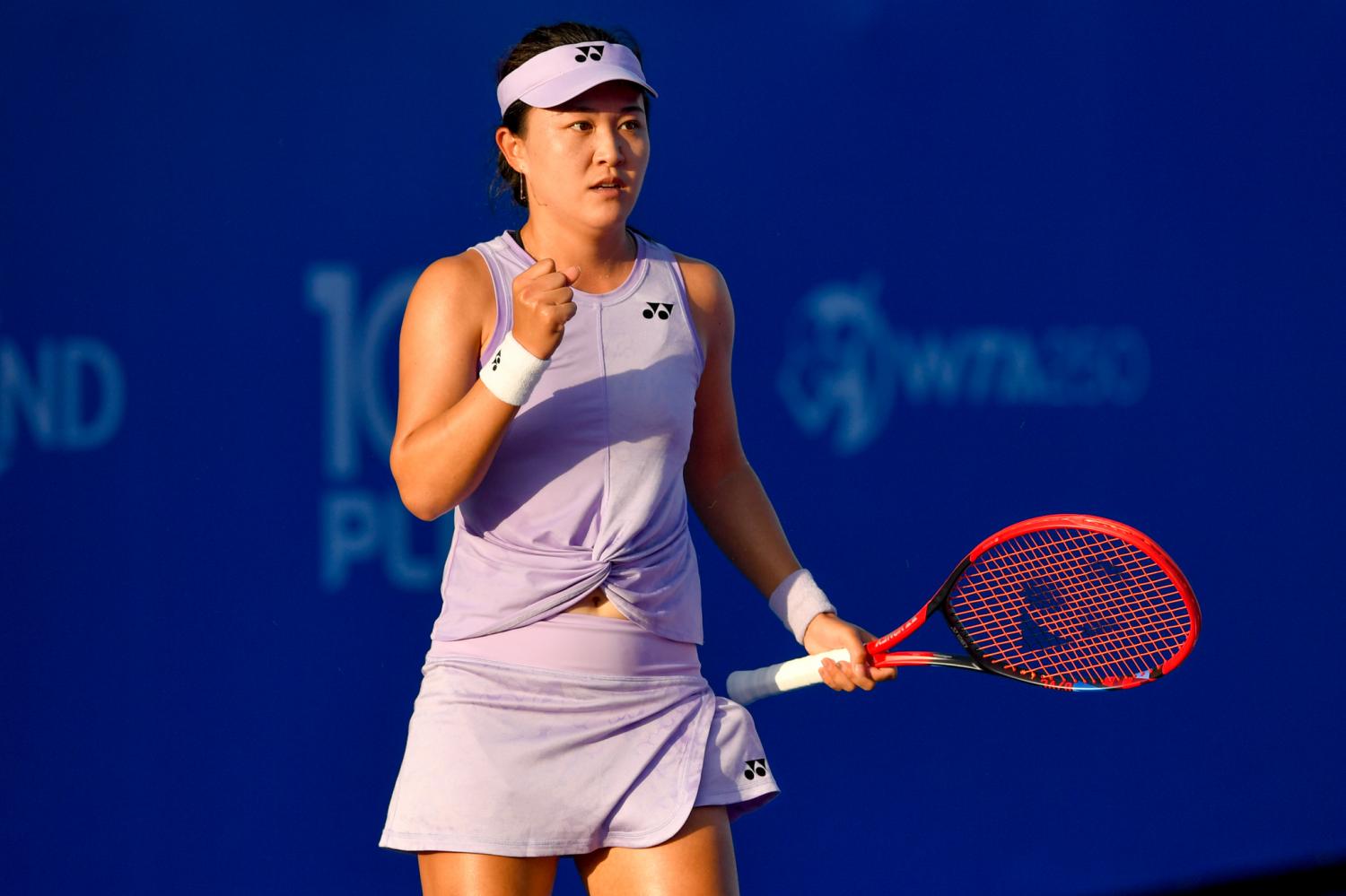 impressive display: Zhu Lin celebrates winning a point during her semi-final match against Wang Xinyu.