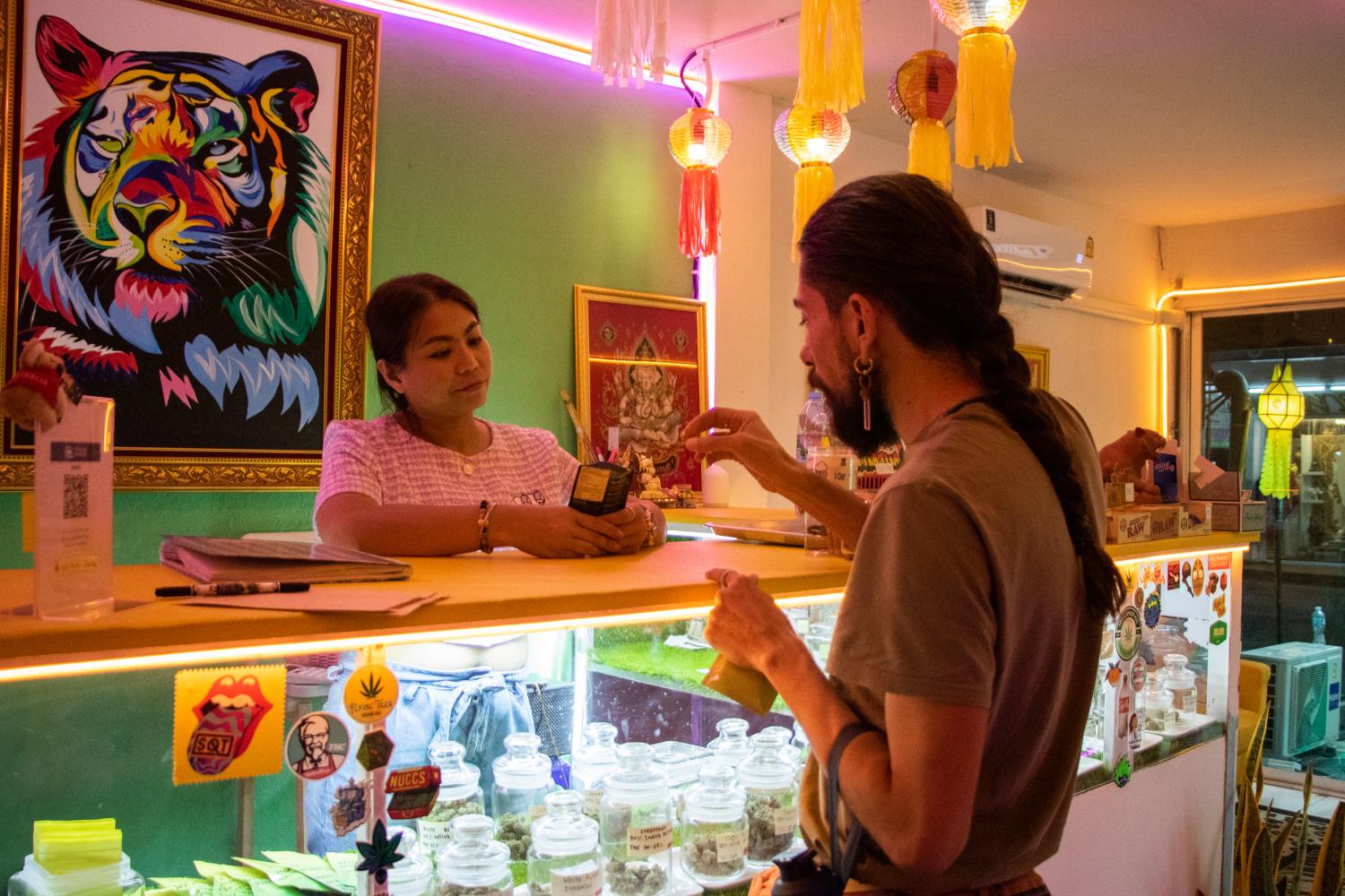 A foreigner browses cannabis buds to smoke at a dispensary in Chiang Mai's downtown tourist district near Tha Phae Gate. (Photo: Madelyn Swanson)