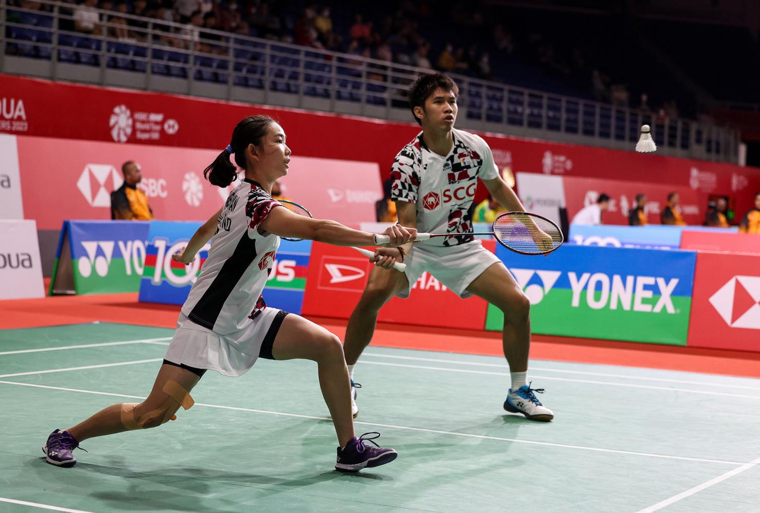 Thai mixed doubles pair Supissara Paewsampran, left, and Supak Jomkoh in action in Malaysia on Friday. (Photo supplied)