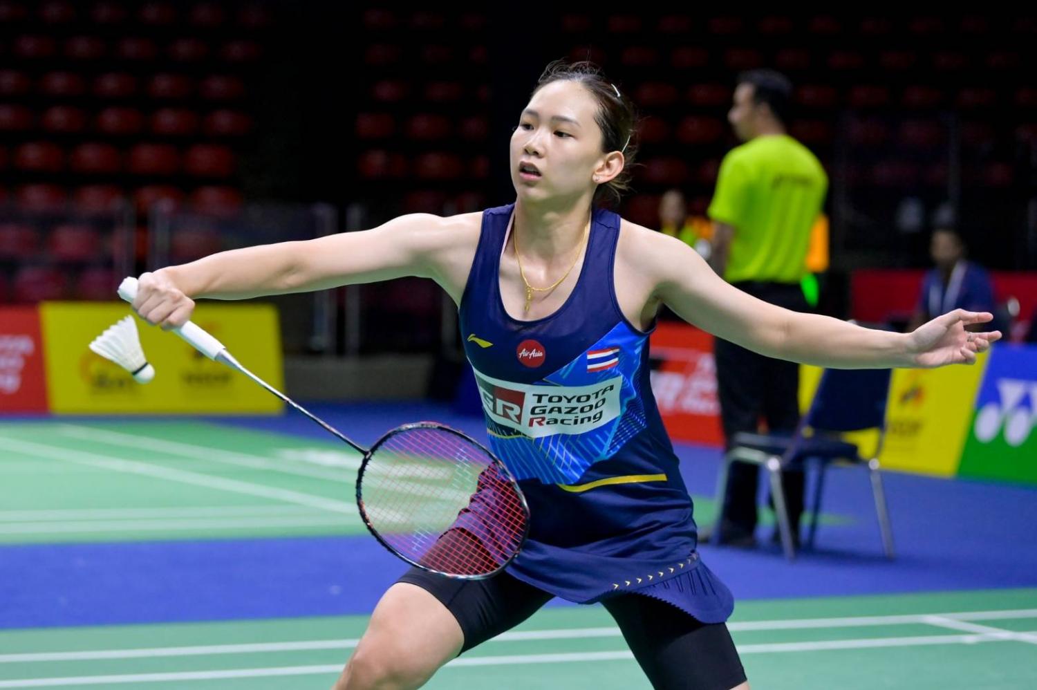 Pornpawee Chochuwong in action against Supanida Katethong during their women's singles second round match.