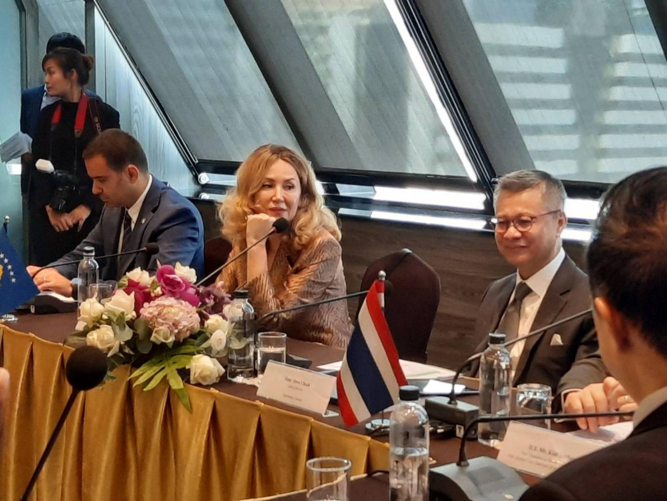 Closer ties: Charge d'affaires to the Embassy of Kosovo in Bangkok Ulpiana Lama (centre) chairs the 'Thailand-Kosovo Business Collaboration Dialogue and Networking Lunch' on Friday at the embassy.