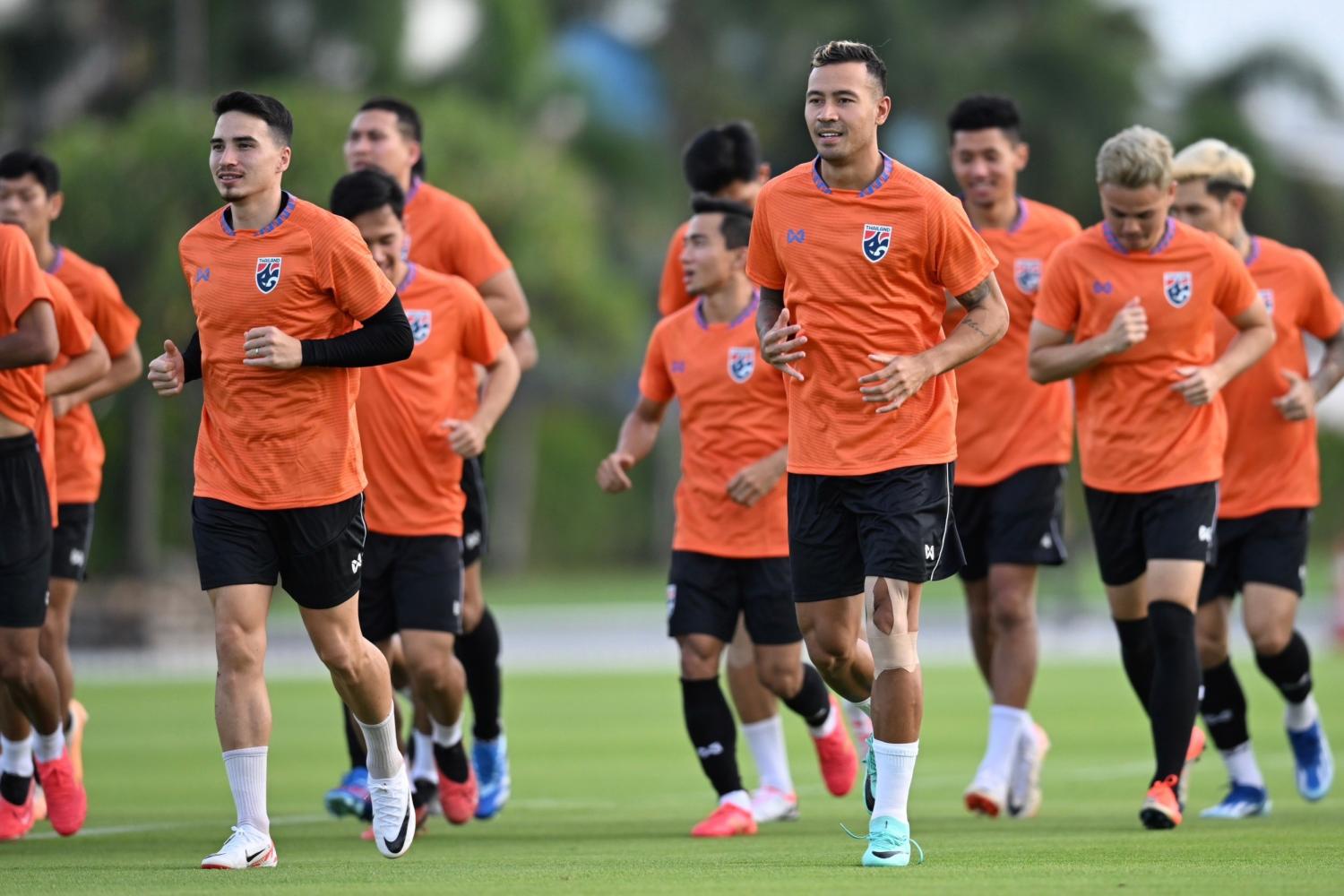 Thailand players take part in a training session ahead of their World Cup qualifier against China tomorrow. (Photo supplied)