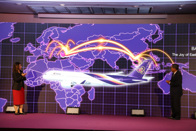 A photo taken on Nov 1, 2023 shows THAI executives presenting a new business strategy to clear the airline's debt and resuscitate its business. (Photo: Varuth Hirunyatheb)