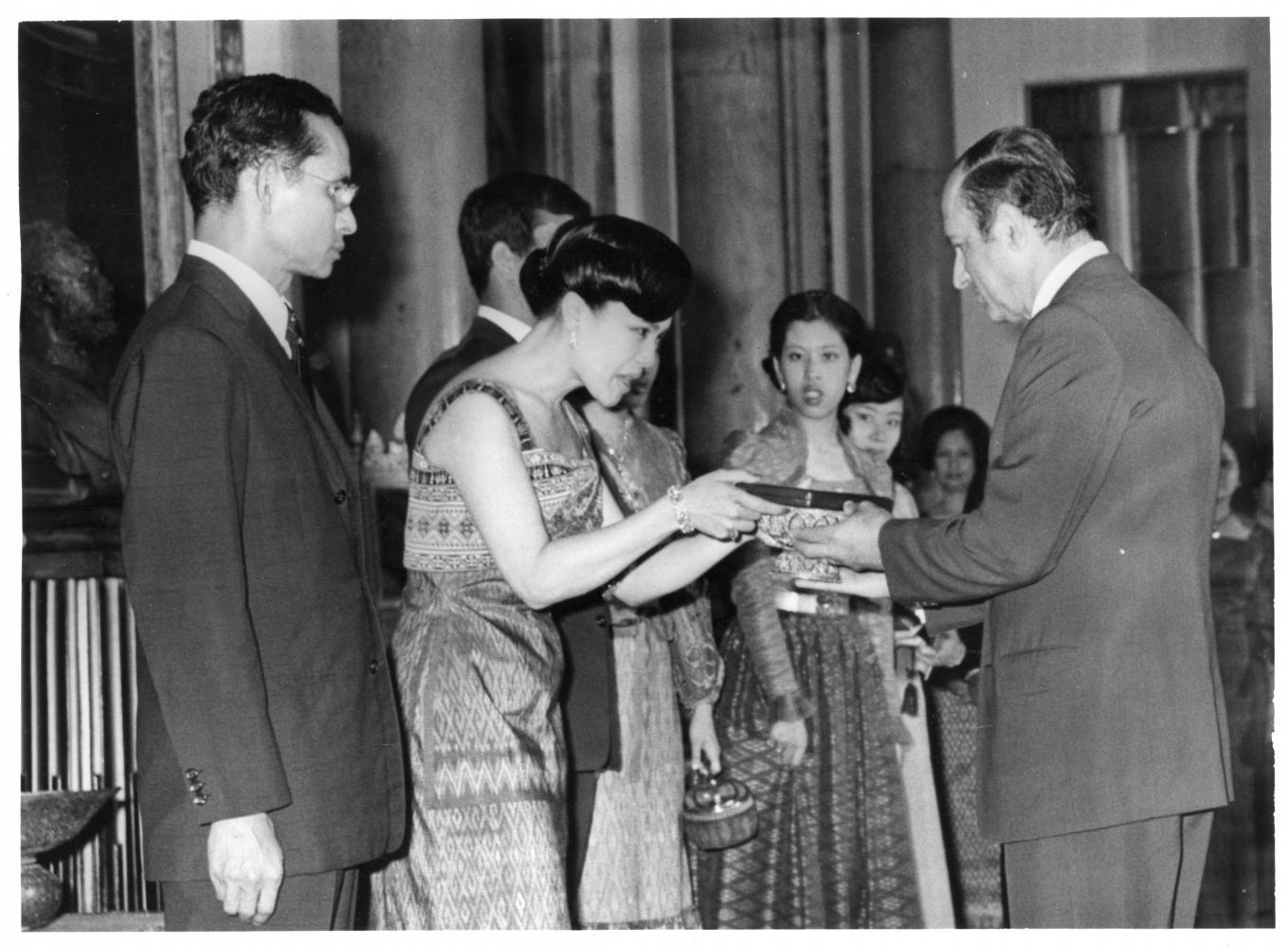 In honour of her contribution to the advancement of Thailand's rural women, Dr Edouard Saouma, director-general of the UN Food and Agriculture Organization, presented the Ceres Medal to Queen Sirikit on May 1979, at the Chakri Maha Prasat Throne Hall, Grand Palace.