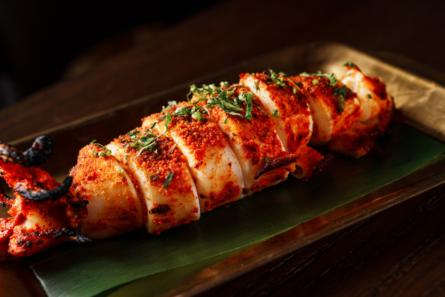 Tandoori shenga chutney squid.