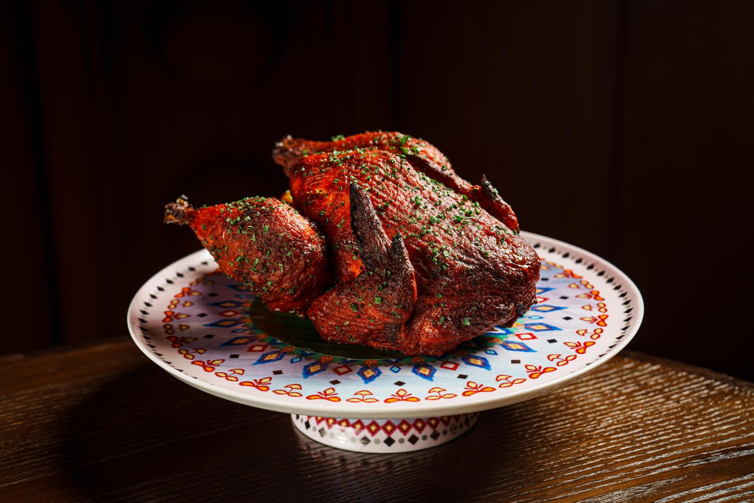 Whole roasted tandoori-spiced three yellow chicken rice.