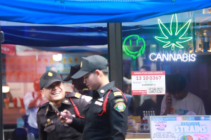 Authorities inspect businesses along Khao San Road to educate cannabis shop operators, the public and tourists about medical cannabis standards.  Apichart Jinakul