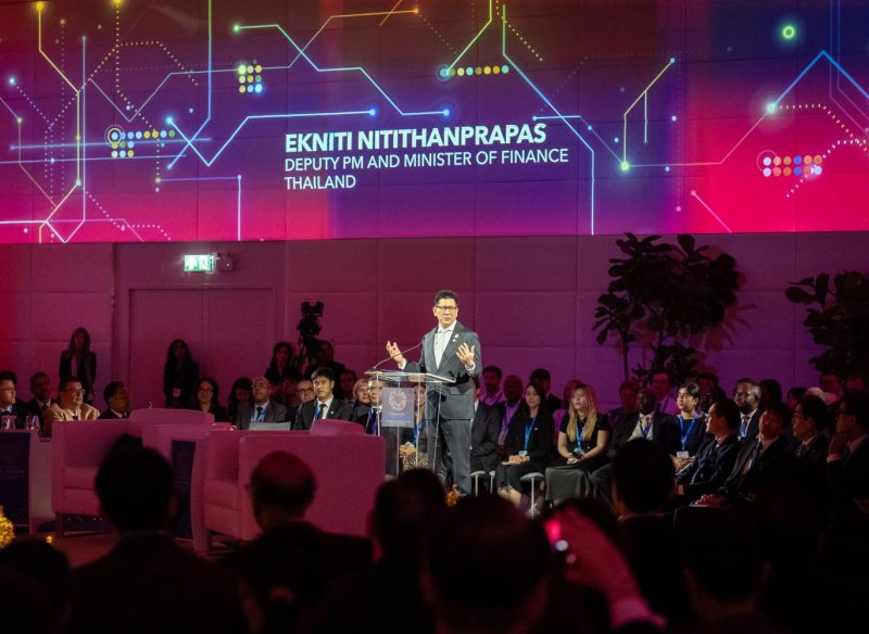 Finance Minister Ekniti Nitithanprapas speaks at the 'Small AI, Real Jobs' panel discussion during the 2026 IMF and World Bank Group Annual Meetings. (Ministry of Finance)